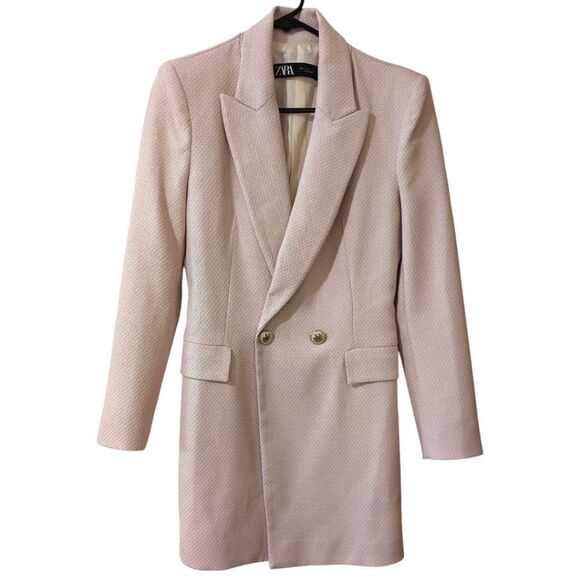 Zara Women's S Baby Pink Textured Double Breasted Long Mid Length Blazer - Picture 1 of 8